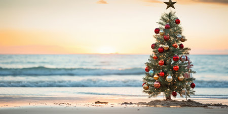 Celebrating christmas and new year in hot countries. Christmas tree with lights on the beach at sunset. AI Generatedの素材