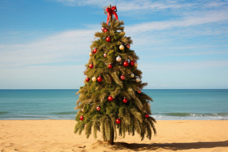 Celebrating christmas and new year in hot countries. Christmas tree with lights on the beach. AI Generatedの素材