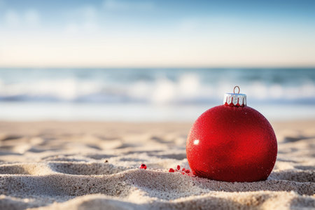 Red fir tree decoration ball on sandy beach, Tropical christmas and New Year celebration. AI Generatedの素材