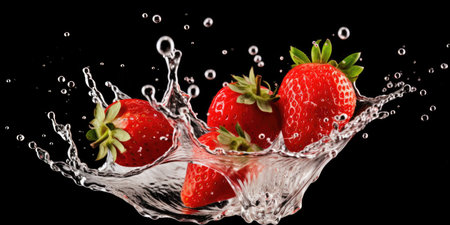 milk splash with strawberries isolated on black. AI Generatedの素材