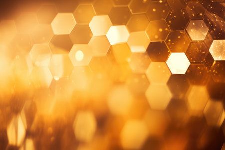 gold hexagonal bokeh abstract background. AI Generatedの素材