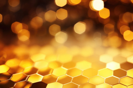 gold hexagonal bokeh abstract background. AI Generatedの素材