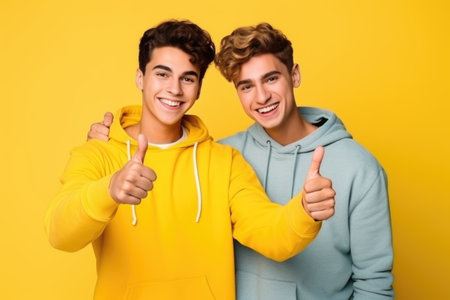 Portrait of two happy young men showing thumbs up at camera isolated over yellow background. AI Generatedの素材