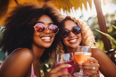 Group of smiling multiracial female best friends sitting together on blanket with fruits enjoying at picnic in the park. AI Generatedの素材