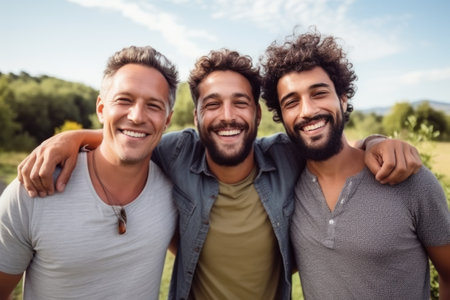 Happy young three men having fun outdoors in summer, celebrating friendship and good times. AI Generatedの素材