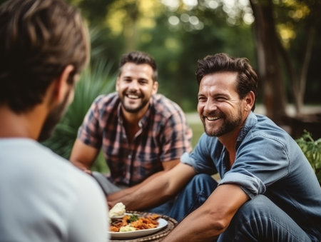 Happy young three men having fun outdoors in summer, celebrating friendship and good times, eating and drinking. AI Generatedの素材