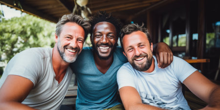 Happy young three men having fun outdoors in summer, celebrating friendship and good times. AI Generatedの素材