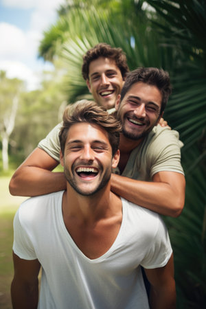 Happy young three men having fun outdoors in summer, celebrating friendship and good times. AI Generatedの素材