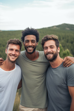 Happy young three men having fun outdoors in summer, celebrating friendship and good times. AI Generatedの素材