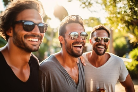 Happy young three men having fun outdoors in summer, celebrating friendship and good times, eating and drinking. AI Generatedの素材