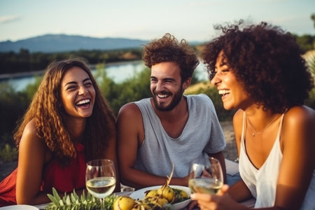 Happy young three women having fun outdoors in summer, celebrating friendship and good times. AI Generatedの素材