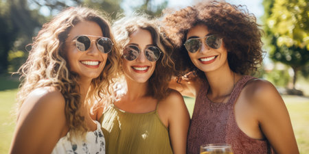 Happy young three women having fun outdoors in summer, celebrating friendship and good times. AI Generatedの素材