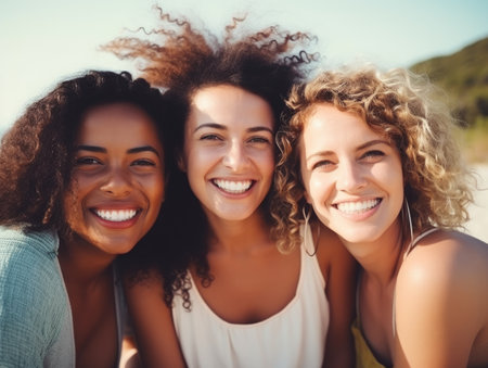 Happy young three women having fun outdoors in summer, celebrating friendship and good times. AI Generatedの素材