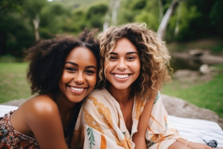 Happy young women having fun outdoors in summer, celebrating friendship and good times. AI Generatedの素材