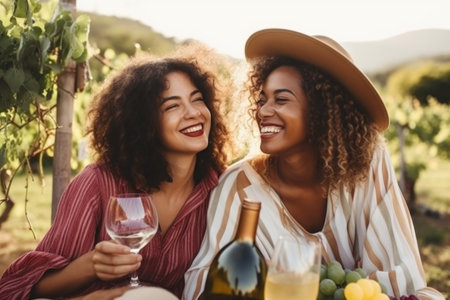Happy young women having fun outdoors in summer, celebrating friendship and good times. AI Generatedの素材