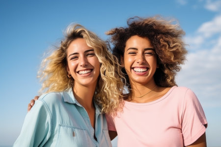 Two female friends posing with smile on sky background. AI Generatedの素材