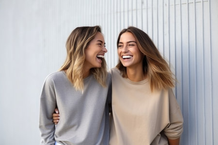 Image of two young happy women friends standing over gray wall. Looking at camera. AI Generatedの素材