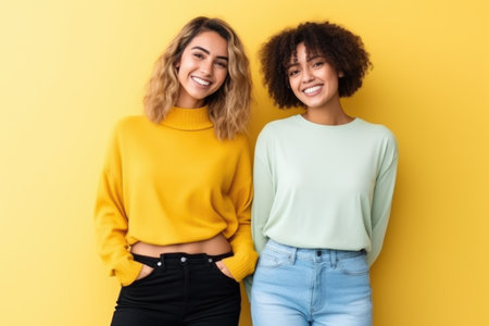 Image of two young happy women friends standing over yellow wall. Looking at camera. AI Generatedの素材