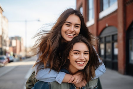 Young woman brunette hung on back of her friend against the open background of the city. AI Generatedの素材