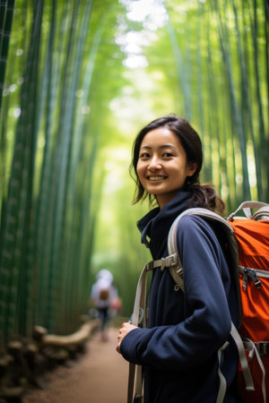 Eco travel and responsible tourism. Asian woman walking at Bamboo Forest. AI Generatedの素材