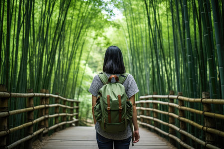 Eco travel and responsible tourism. Asian woman walking at Bamboo Forest, rear view. AI Generatedの素材