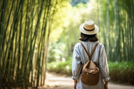 Eco travel and responsible tourism. Asian woman walking at Bamboo Forest, rear view. AI Generatedの素材