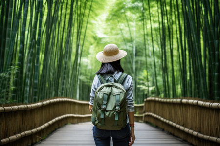 Eco travel and responsible tourism. Asian woman walking at Bamboo Forest, rear view. AI Generatedの素材