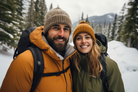 Eco travel and responsible tourism. Couple hiking in mountains in winter. AI Generatedの素材