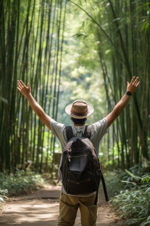 Eco travel and responsible tourism. Asian man walking at Bamboo Forest raising hands, rear view. AI Generatedの素材