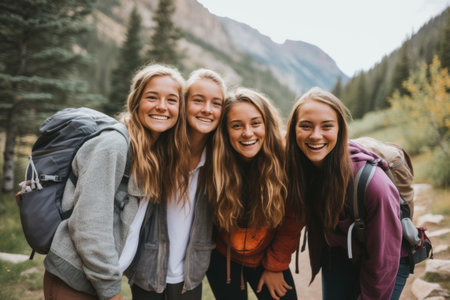 Eco travel and responsible tourism. gen z women travels through the mountains of wild nature. AI Generatedの素材