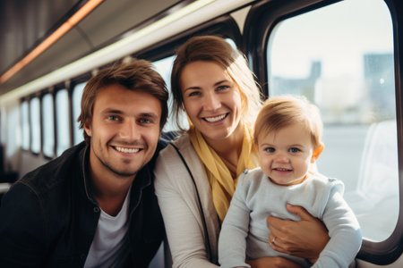 Eco travel and responsible tourism. happy family of parents and child travel by train. AI Generatedの素材