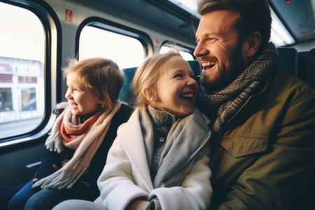 Eco travel and responsible tourism. happy family of parents and child travel by train. AI Generatedの素材