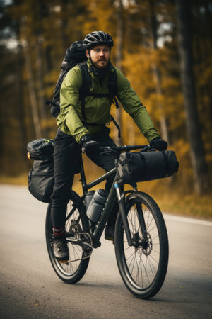 Eco travel and responsible tourism. Male cyclist on touring bicycle cycling. AI Generatedの素材