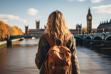 Woman walking on street in London, rear view. AI Generatedの素材