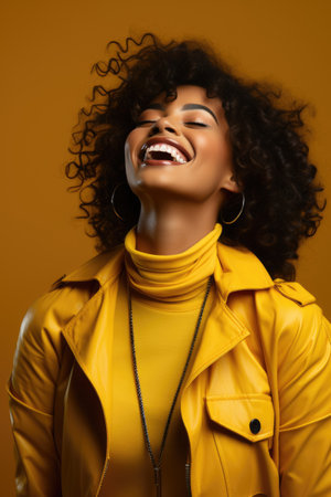 Excited african american female model smiling happily on yellow background. AI Generatedの素材