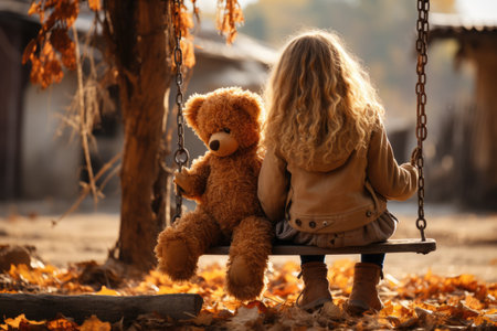 little girl swings a teddy bear on a swing in the yard at autumn day. AI Generatedの素材
