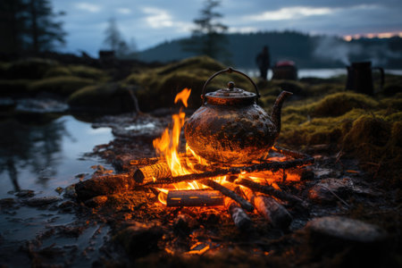 Small campfire with gentle flames beside a lake during a glowing sunset. boiling kettle for tea or coffee. AI Generatedの素材