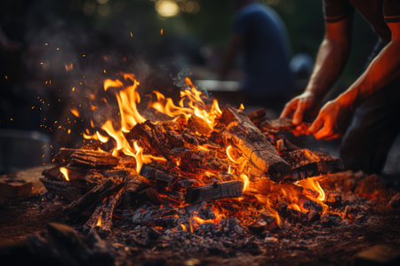 Small campfire with gentle flames beside a lake during a glowing sunset. . AI Generatedの素材