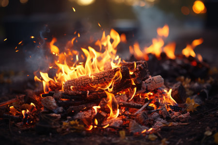 Small campfire with gentle flames beside a lake during a glowing sunset. . AI Generatedの素材