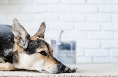 Pet water dispenser with automatic gravity refill. Closeup of cute dog lying on rug near pet fountainの写真素材