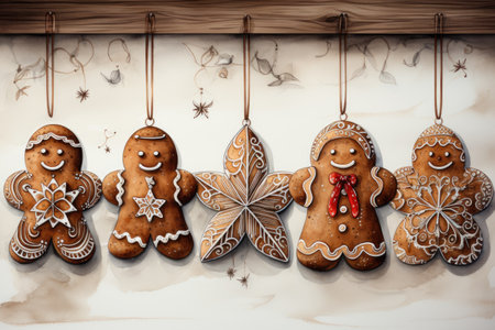 Gingerbread cookies watercolor on white background. AI Generatedの素材