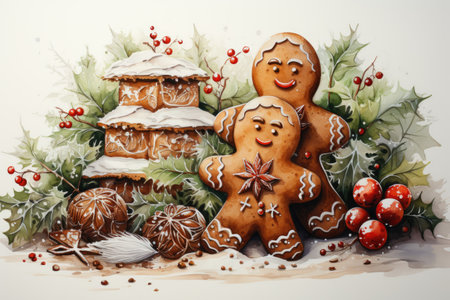Gingerbread cookies watercolor on white background. AI Generatedの素材