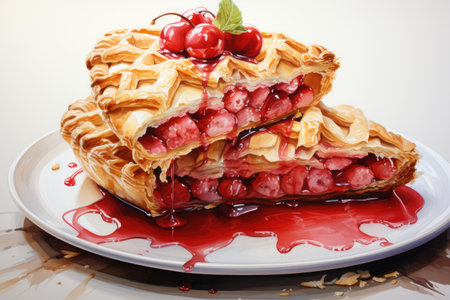 charlotte delicious berry pie with caramel on the plate on white background. Close up side view. AI Generatedの素材
