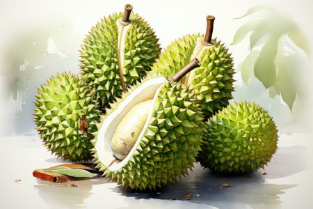 hand drawn watercolor durian fruit isolated on white background. AI Generatedの素材