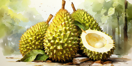 hand drawn watercolor durian fruit isolated on white background. AI Generatedの素材