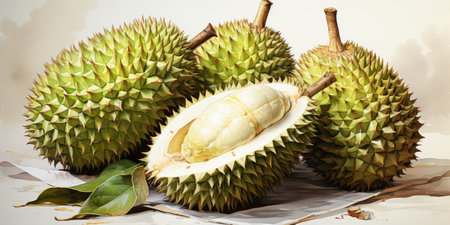 hand drawn watercolor durian fruit isolated on white background. AI Generatedの素材