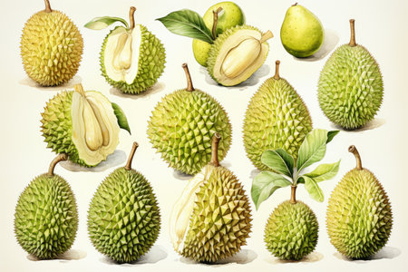 hand drawn watercolor durian fruit isolated on white background. AI Generatedの素材