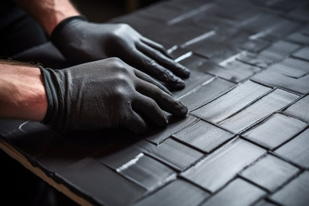 Professional tiler installing wall tiles at home. hands of the tiler are laying black ceramic tile on the wall. ai generatedの素材