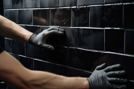 Professional tiler installing wall tiles at home. hands of the tiler are laying black ceramic tile on the wall. ai generatedの素材