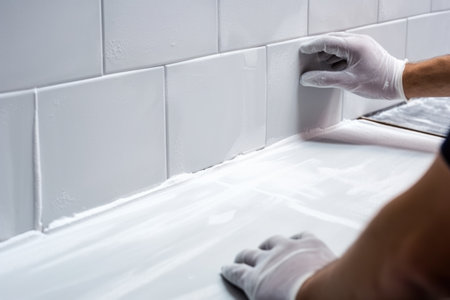 Professional tiler installing wall tiles at home. hands of the tiler are laying white ceramic tile on the wall. ai generatedの素材